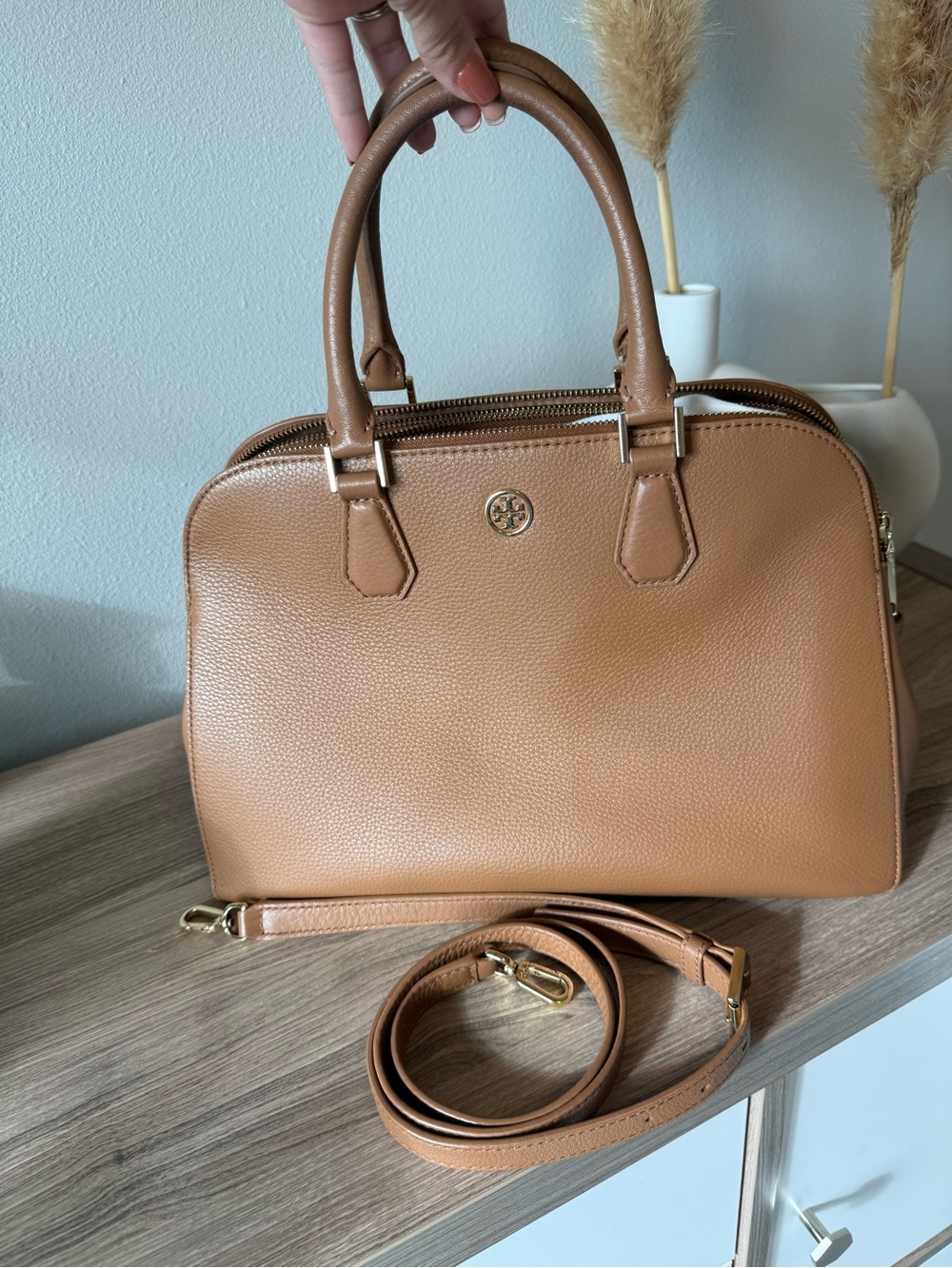 Tory Burch Pebbled Double Zip Satchel - Tan - Picture 2 of 14